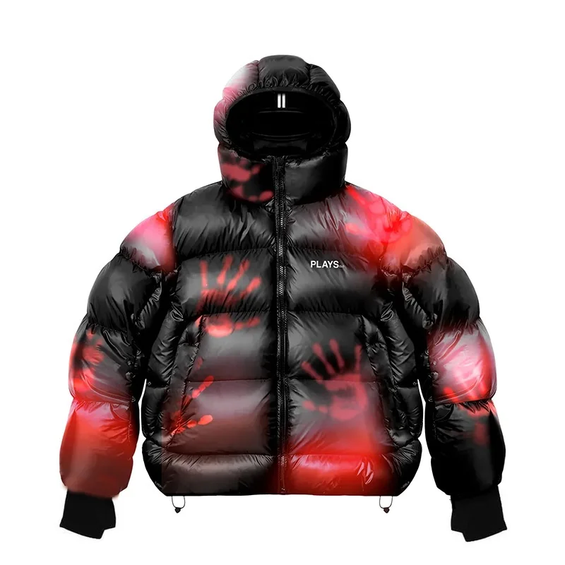 Harajuku Winter Women Hip-hop Hooded Puffer Jacket Pure Colour Hand Print Graphic Zip Up Drawstring Hem Streetwear Padded Coat