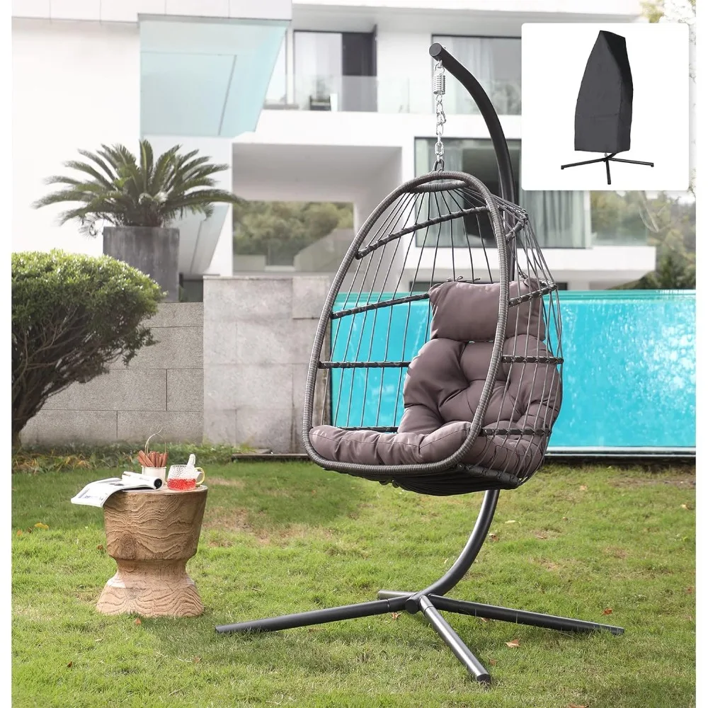 

Outdoor Egg Swing Chair with Stand, Patio Wicker Rattan Hanging Chair with Rope Back, Cushion, Cover, Patio Swing