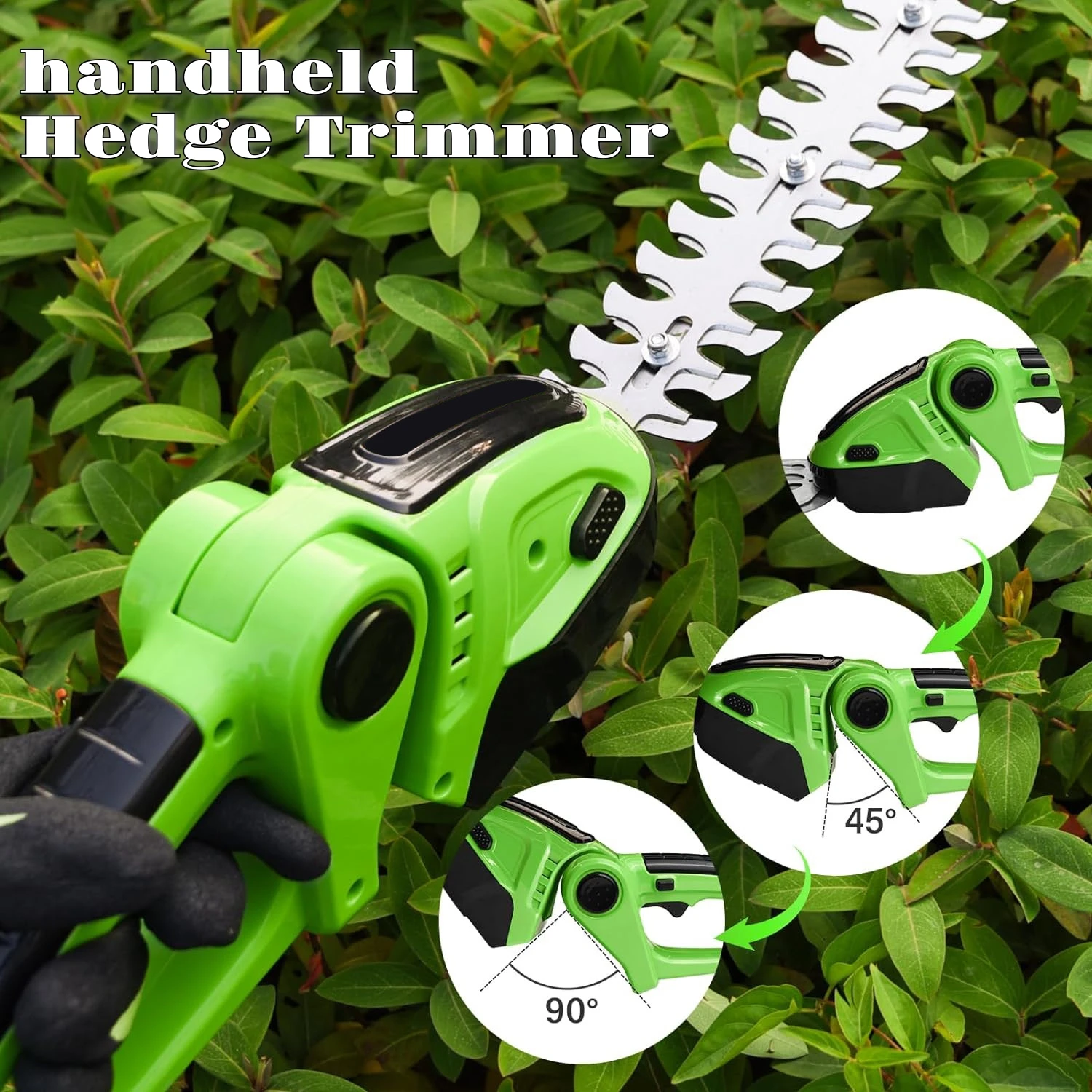 Taille-haie portatif léger avec batteries 1500 mAh, tondeuse à gazon domestique 2 en 1, taille-haies électriques, outils de taille de arbustes de jardin sans fil à angle réglable