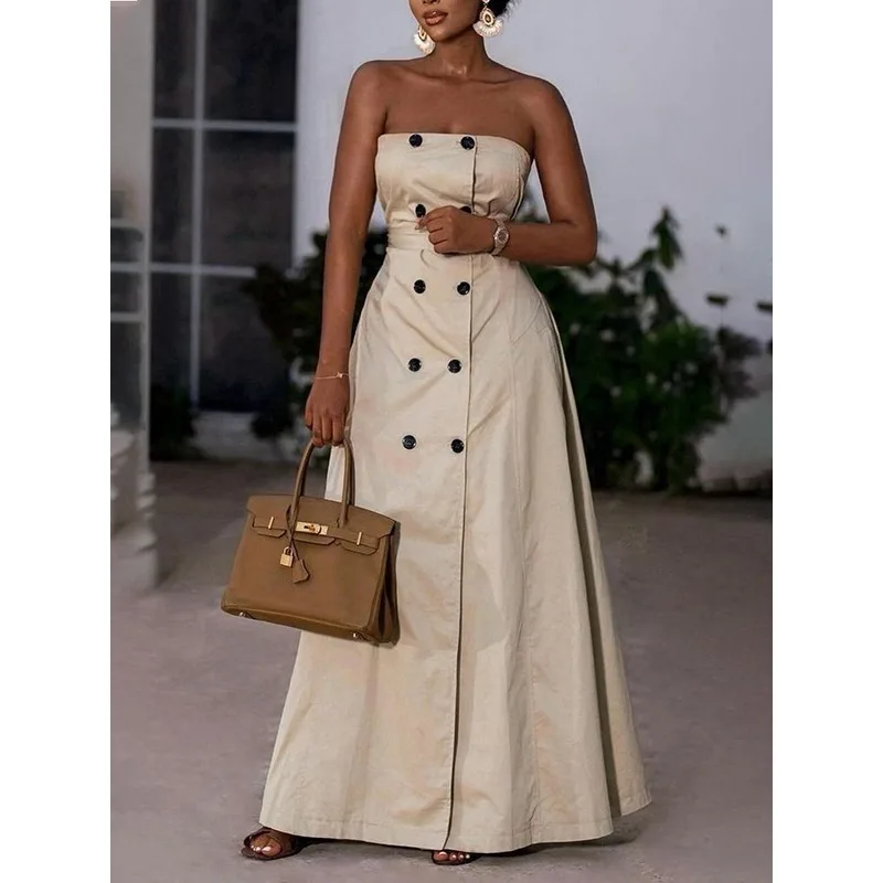 الكاكي ألف خط أنبوب فساتين امرأة 2026 أنيق تقسم مزدوجة الصدر جيوب تعادل الخصر حفلة عيد ميلاد فستان طويل أنيق 77615