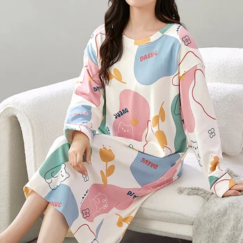 패스타임 여성 봄가을 귀여운 프린트 라운드 풀오버 긴팔 수면원피스 홈웨어 OP1956 