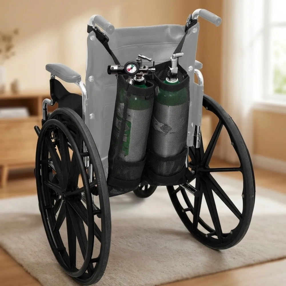 Oxygen Tank Support Bag for Wheelchair Accommodating Dual Cylinders and Offering Convenient Mesh Storage Space