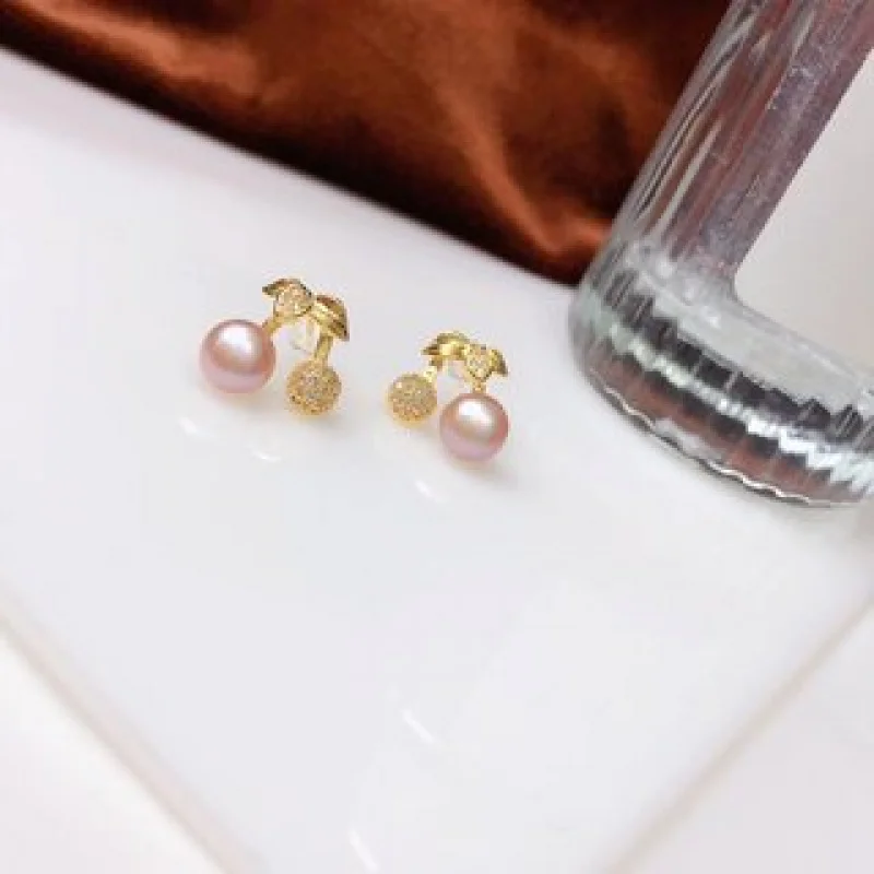 Exquisite Sweet Small Cherry Ear Jewelry 7-8mm Bun Bead Inlaid Copper Gold-Plated Material Fresh Versatile Earrings