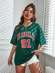 ロサンゼルス91スポーツtシャツ女性都市プリント服夏ゆるいオーバーサイズtシャツコットンブランド半袖カジュアルトップス