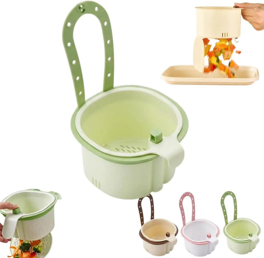 One-Press Hanging Colander Basket Detachable Silicone Hook Auto-Drain Lid Sink Veggie Wash Fruit Strainer Tool Organizer Plastic