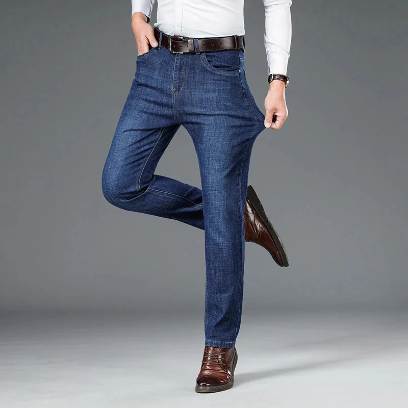 Y pantalones vaqueros gruesos elásticos para hombre, pantalones casuales rectos, sueltos, de negocios, largos, combinan con todo, Otoño e Invierno