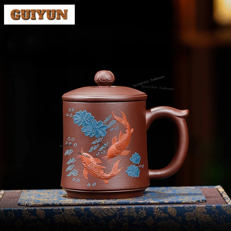 

440ml Yixing Purple Clay Fish Coffee Mug Couple Handgrip Cups Afternoon Tea Mug Personal Office Water Cup Teaware Decoration