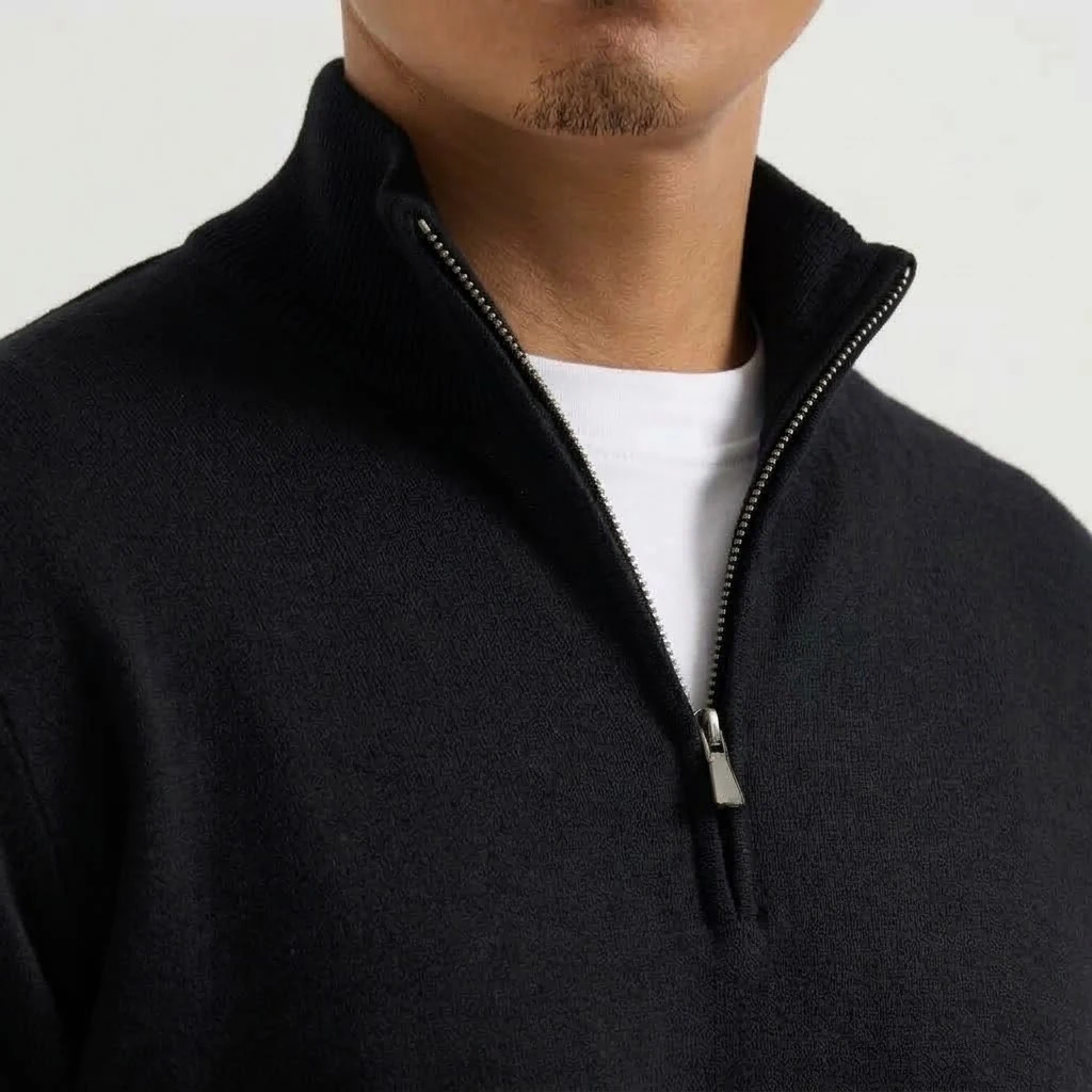 Neuer Herren-Strickpullover mit Reißverschluss, lässiger Stehkragen-Pullover, warmer Langarm-Pullover, einfarbiger Pullover, modischer Winterpullover für Herren – Detail 7