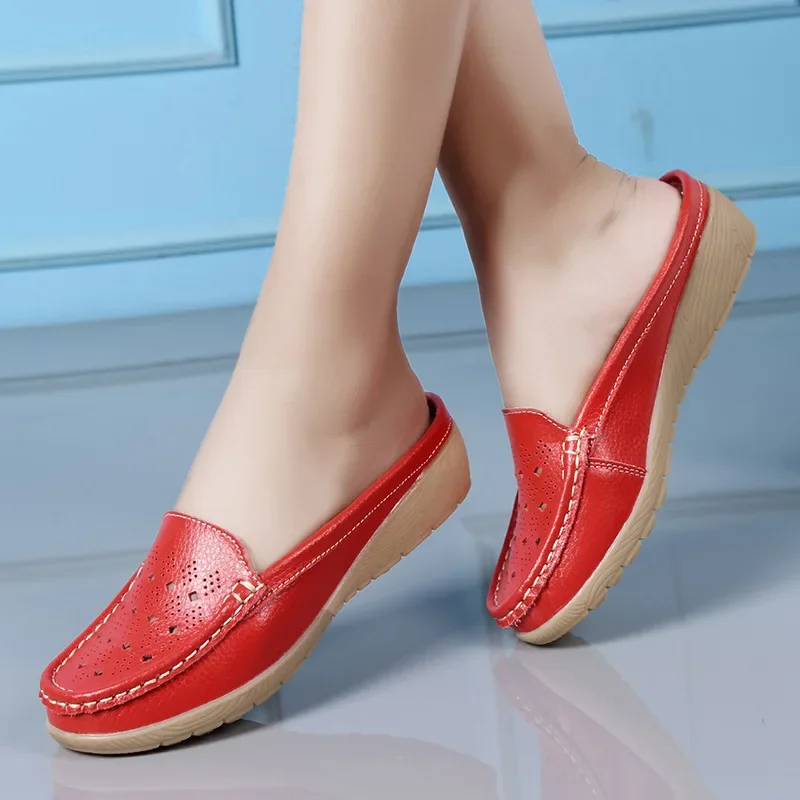 Summer New Women Wedge Slippers Leather Hollow Slip-On Loafers Vintage Casual Anti-slip Premium Slippers Moccasins Half Slippers