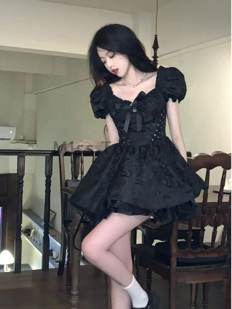 Gothic Hrajuku Goth Lolita Kawaii Cute Dresses Black Ruffles Soft Girl Y2k Coquette Dress Korean Fashion Cake Party Short Dress