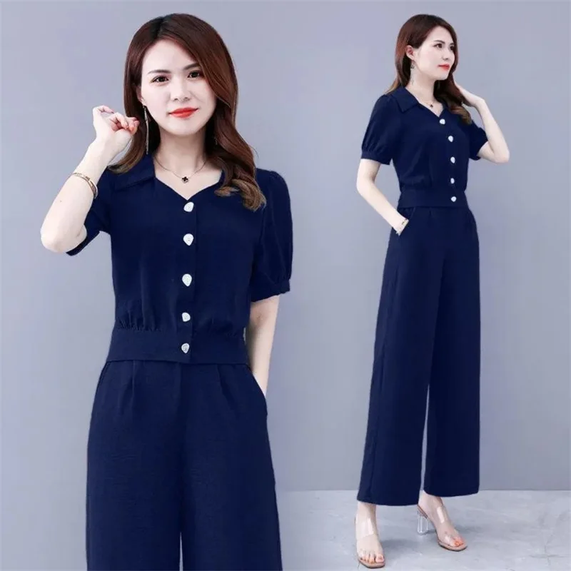 Trousers Suit 2024 Summer Sets Fashion Two-piece Suit Short Sleeve V-neck Shirt And Pant Solid Color Suit For Women Elegant 3XL