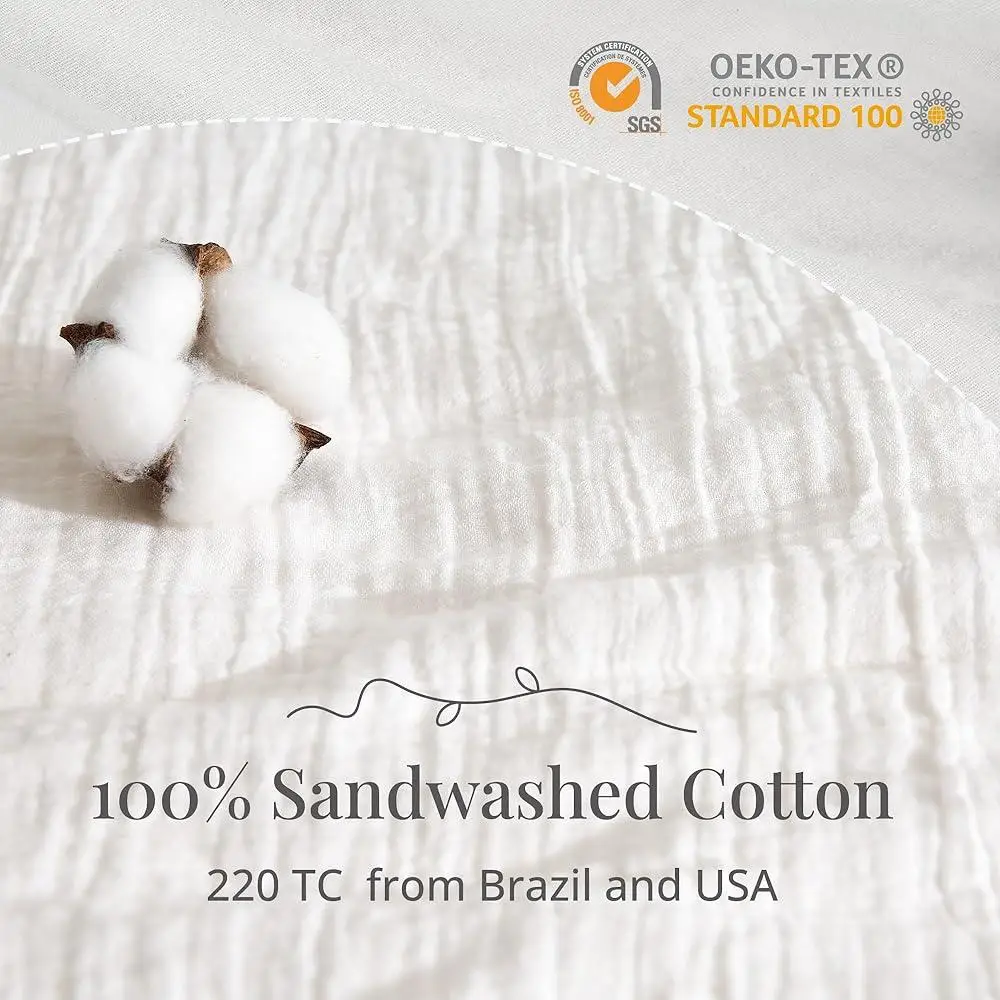 Soft Cotton Queen Duvet Cover Set 3 Pieces Sandwashed Breathable Fabric Zipper Closure Corner Buttons Eco-Friendly Reusable