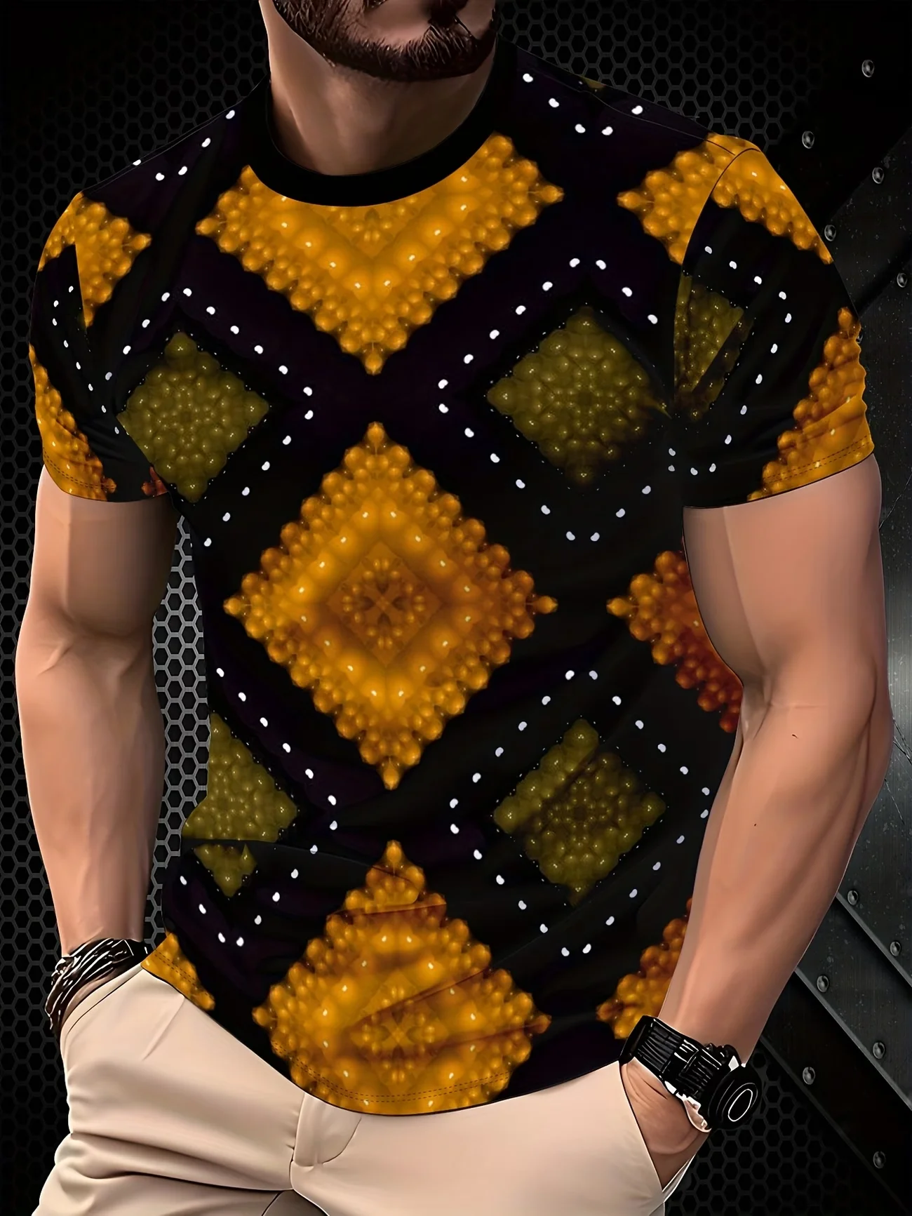 Men Crew Neck Short Sleeve T-Shirt Black Base Golden Olive Diamond Bubble Texture Full Print Casual Luxury Daily