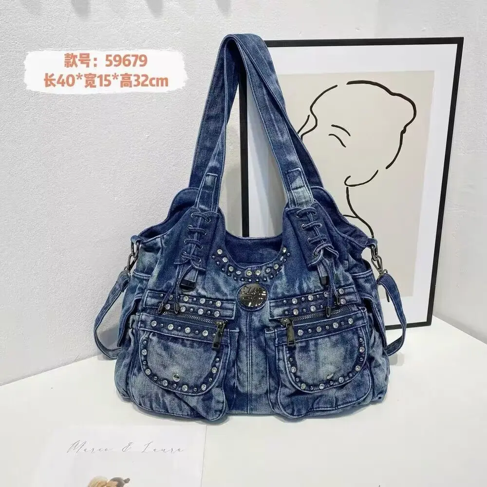 Nuova borsa a tracolla da donna in denim borsa a tracolla in Denim con decorazione rivetto Vintage borsa Hobo di grande capacità