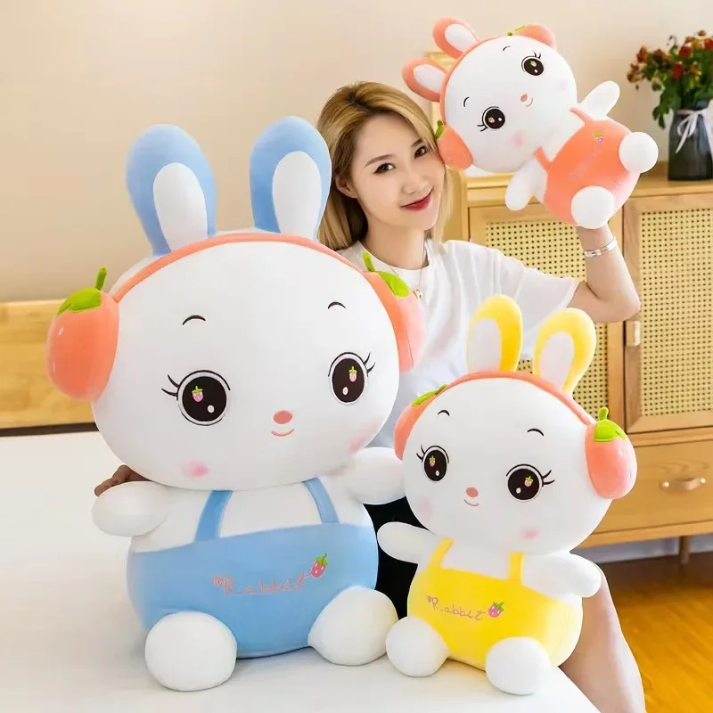 

New Strawberry Earphones Rabbit Plush Toy Cute Little White Rabbit Doll Female Bedhead Ornament Accompanying and Soothing Doll