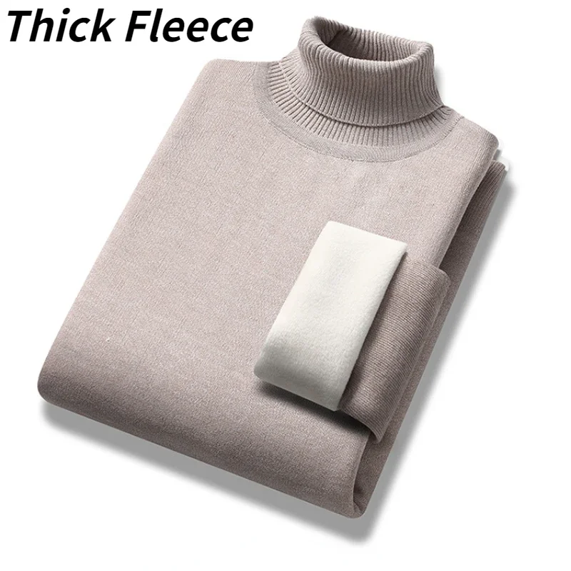 Winter Thick Fleece Turtleneck Sweater Solid Color Casual  Slim Long Sleeve Warm Knit Sweater Classic Shirt Pullovers