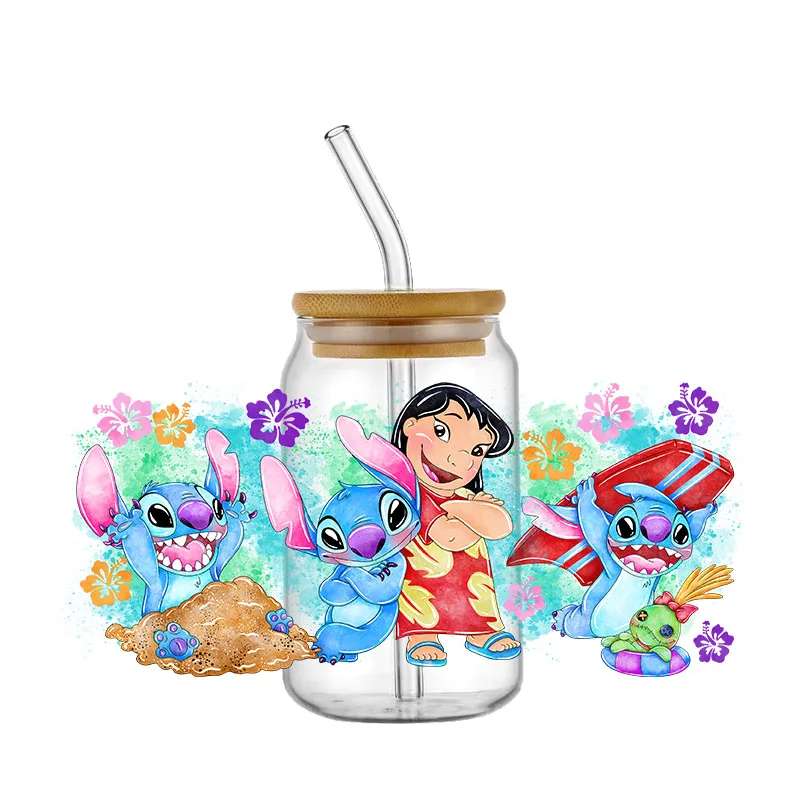 Stiker UV DTF desain Lilo and Stitch Disney untuk 16ozCup bungkus stiker Transfer Label kustom Logo DIY perekat