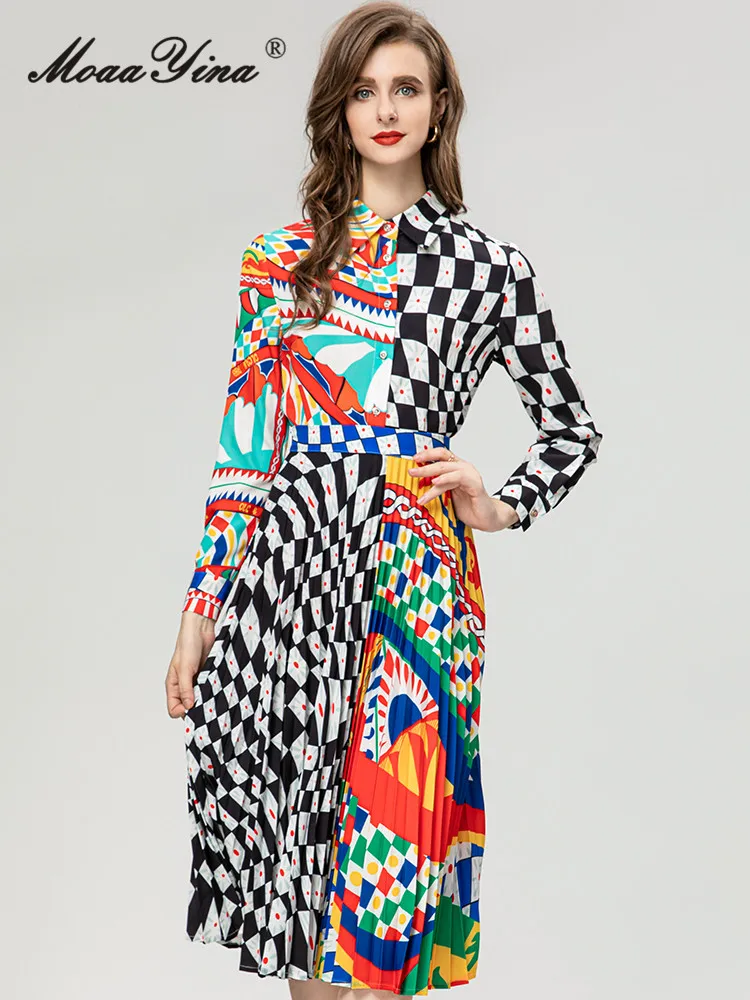 

MoaaYina Autumn Fashion Designer Vintage Print Spliced Skirt Set Women's Lapel Button Slim Shirt+Pleated Long Skirt 2 Pieces Set
