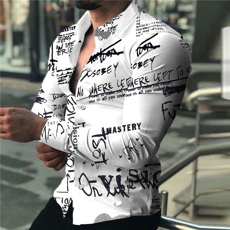 Camisa de lapela manga longa masculina, branca, carta preta, personalizada, elegante, macia, conforto, versátil, tamanho grande, 2023