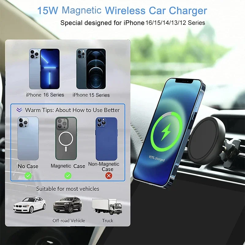 UYUXIO Magnetic Car Mount Phone Holder 2 in 1 15W Fast Charging Wireless Car Charger for iPhone 16 15 14 13 12 Pro Max Series