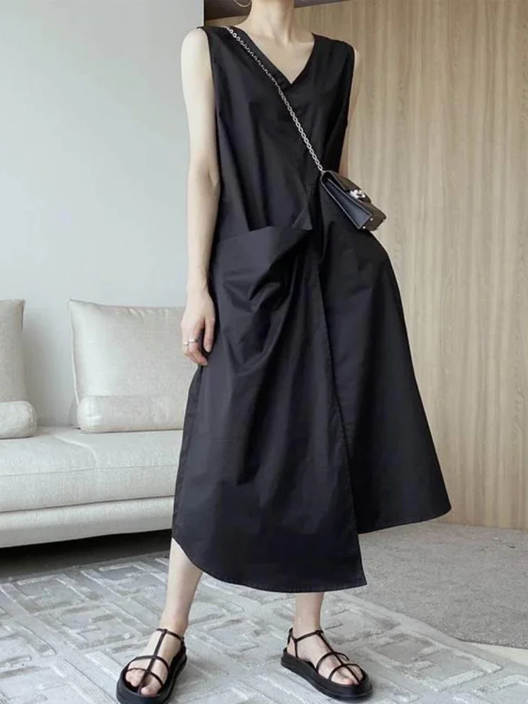 Dresses Women Solid Simple Summer Sleeveless Temperament Daily Leisure Loose Korean Style V-neck Ladies Elegant Tender Fashion