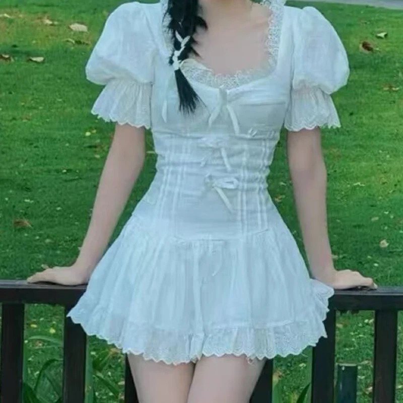 

Sweet Women Lace Splice Beige White Summer Dresses Vintage Puff Sleeve Slim A-line Mini Dress Cotton Robe Party Vestidos 2025