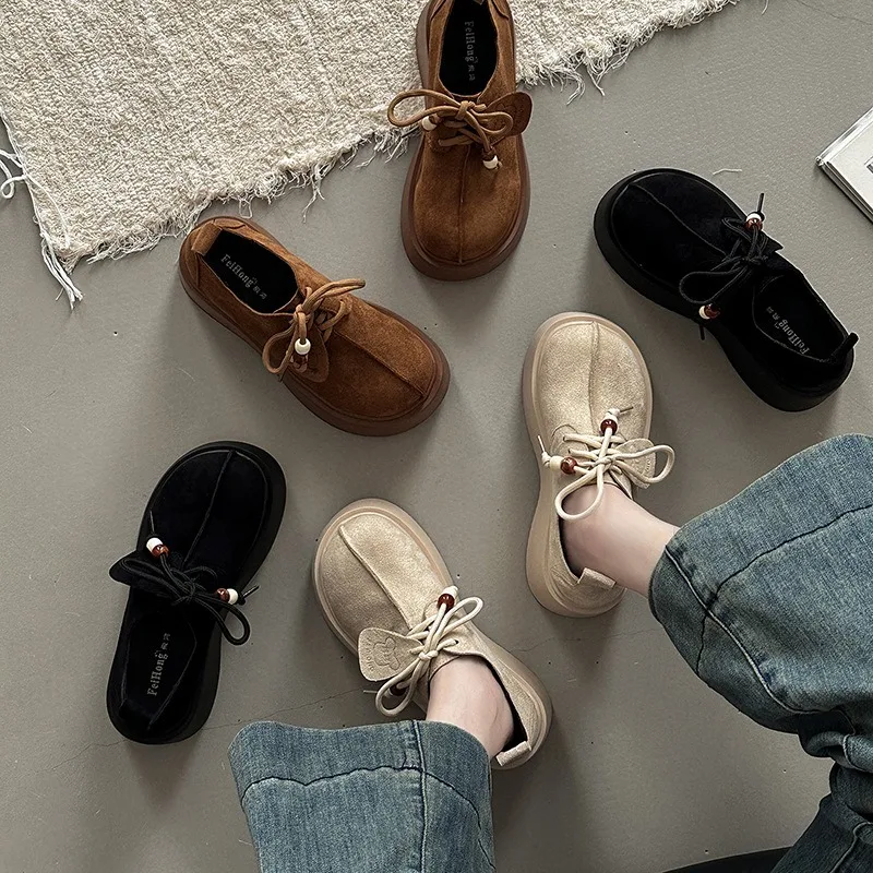 

Women Fashion Versatile Thick-soled Heightening Leisure Shoes Women's Retro Big-head Loafers Shallow-mouth Bag-head Single Shoes