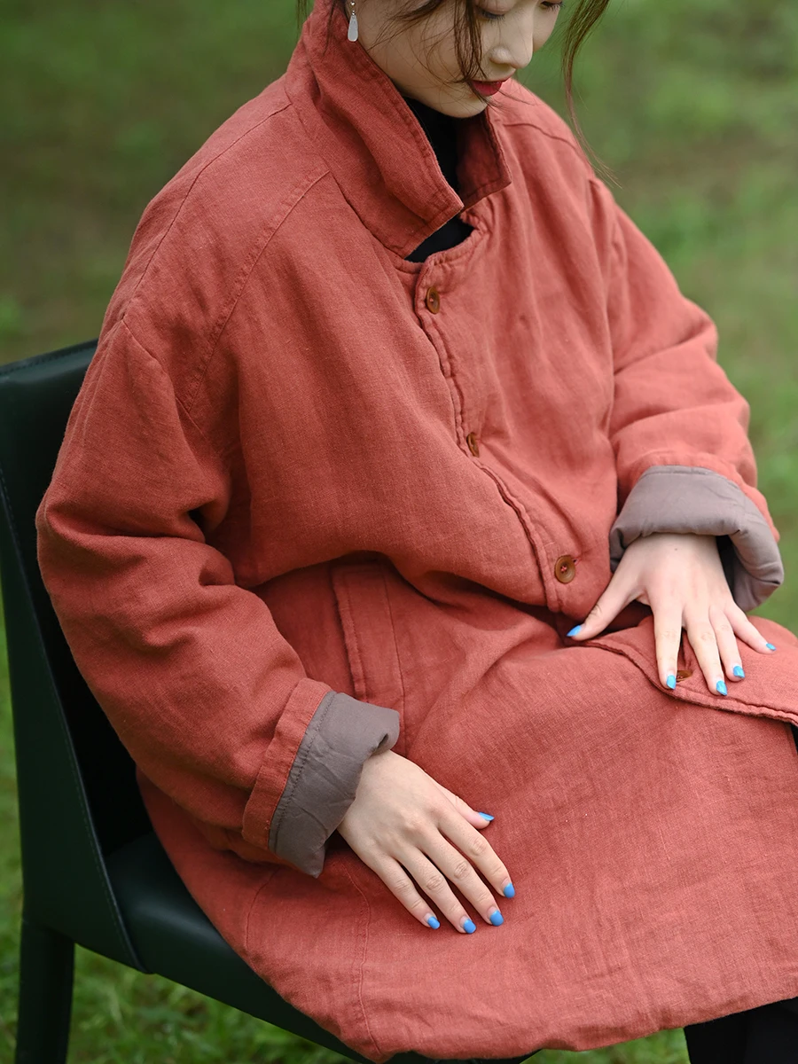 

Новое свободное женское хлопково-льняное пальто большого размера в китайском стиле, осенне-зимнее хлопковое пальто с воротником-стойкой и одной пуговицей