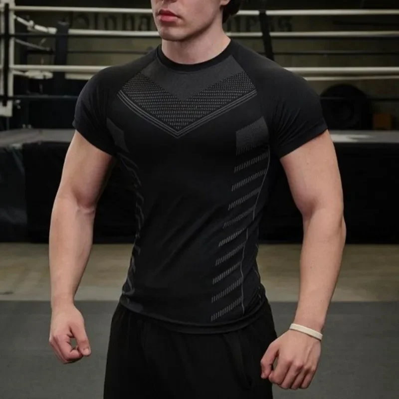 Schnelltrocknendes Fitness-Kurzarmshirt für Herren, Sommer-Lauf-Sport-Kompressionsshirt, atmungsaktiv und elastisch – Detail 1