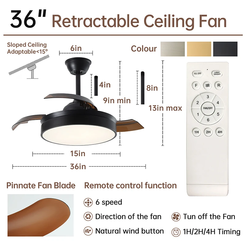 Retractable Ceiling Fan with Lights&Remote 36