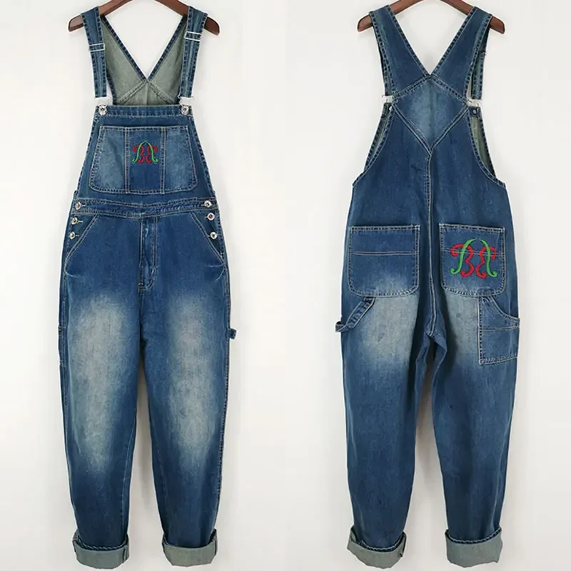 

Jeans Men Overalls Bib Denim Jumpsuits Fashion Embroidery Loose Large Size Straight Workwear Cargo Pants Hip Hop Blue Trousers