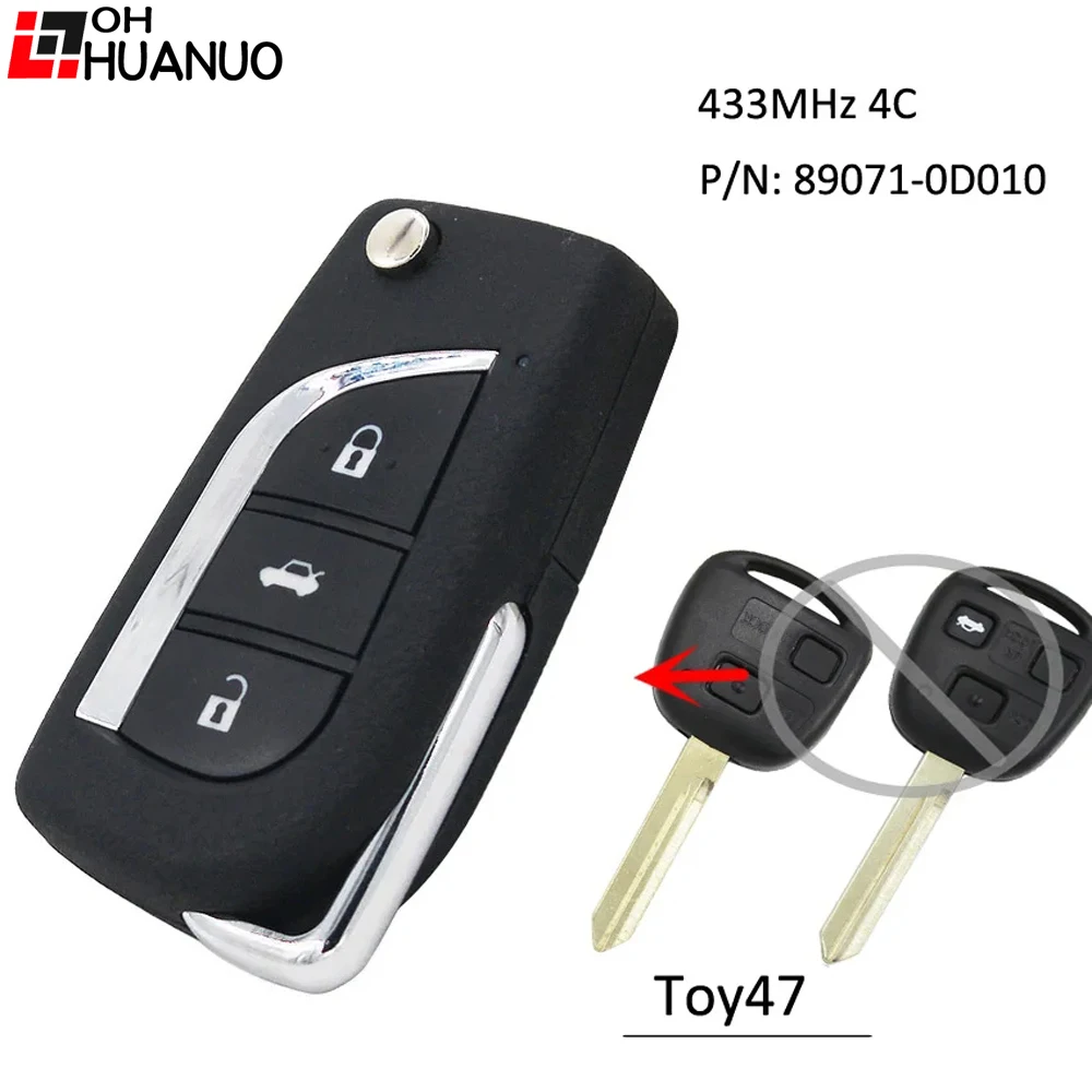 Upgraded Remote Key Fob 433MHz 4C Chip for Toyota Yaris Avensis Corolla P/N: 89071-0D010 TOY47 Blade