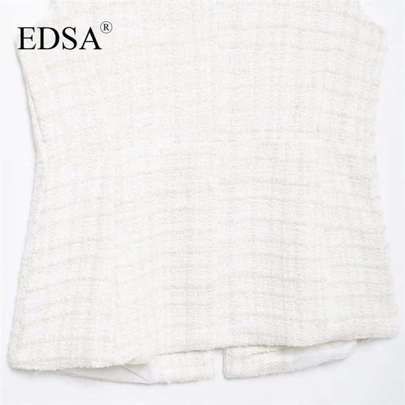 EDSA Women White Textured Waistcoat for Office Lady Long Tweed Sleeves Round Neck Gold-tone Buttons Vest Outerwear