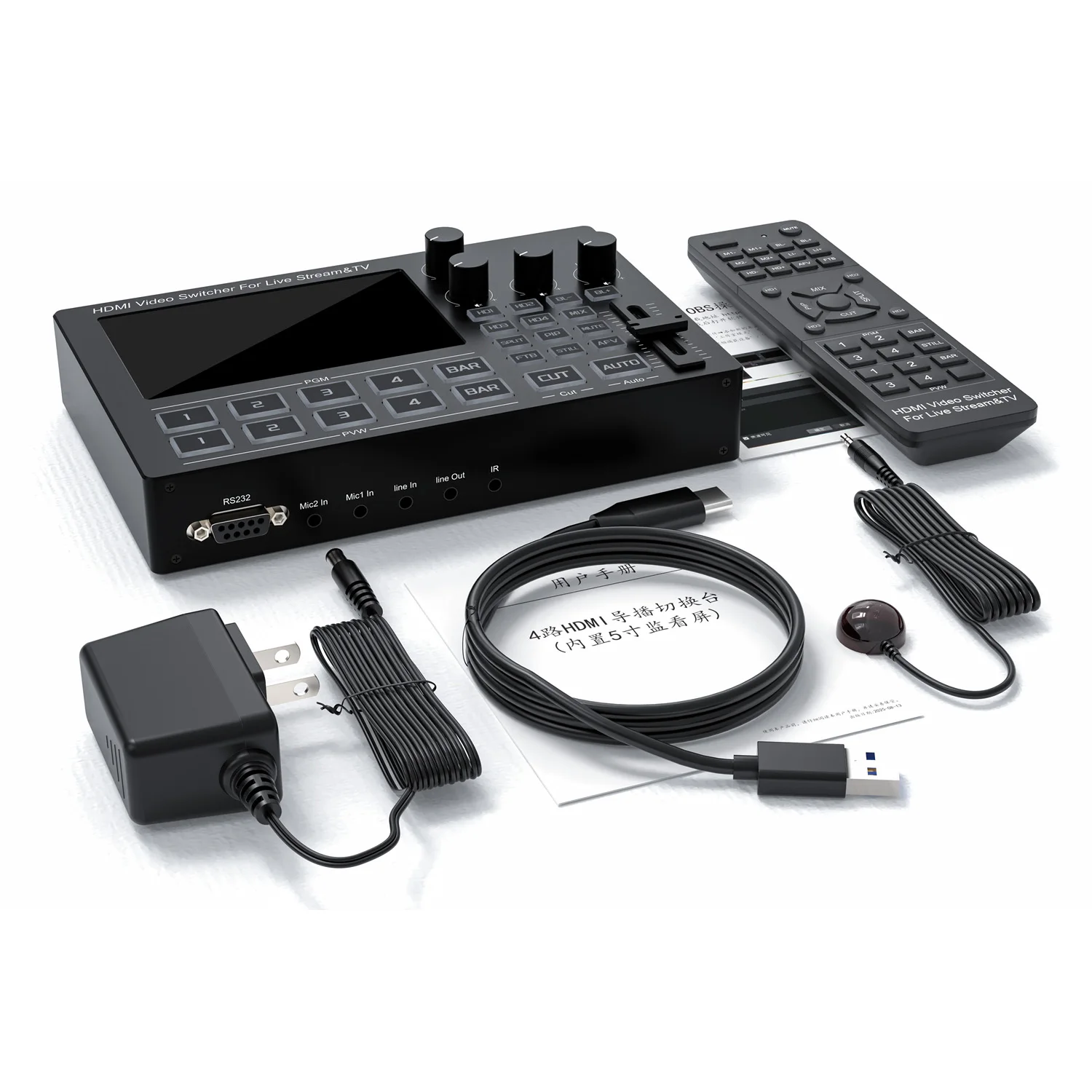 1080p 60Hz 4 Way HDMI Audio Mixer Video Switcher with 5inch Screen Mic Line in For Camera Live Streaming Video Capture Recording