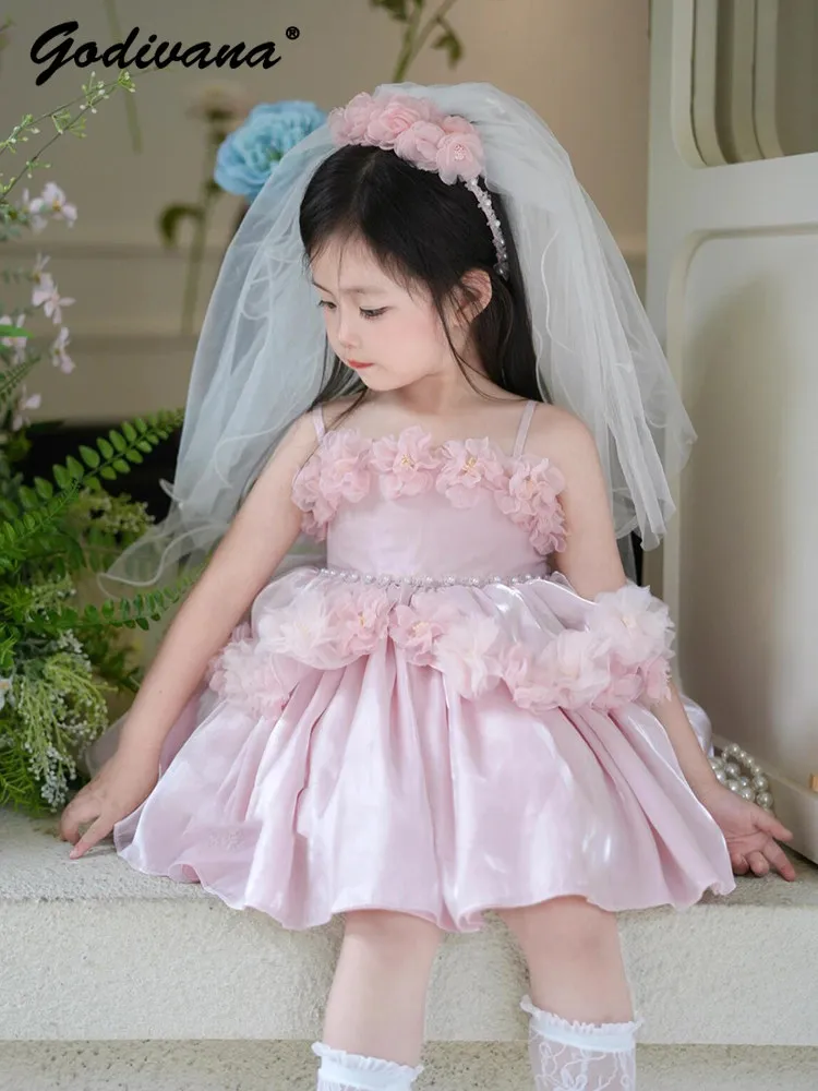 Sweet Baby Girls Pink Princess Dress Kids High End Flower Girl Wedding Evening Gown Childrens Sleeveless Birthday Party Dresses