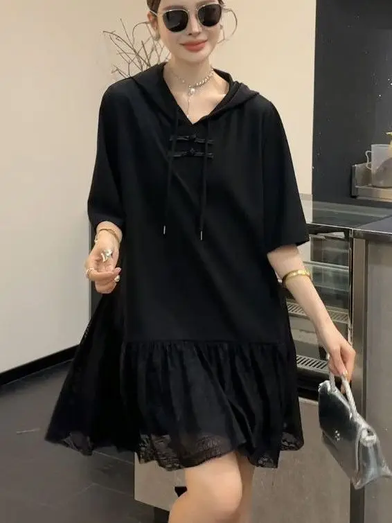 Vestido Midi de Renda com Manga Curta e Capuz para Homens e Mulheres, Estilo Casual, Caimento Solto, Roupa de Verão, Vestido ...