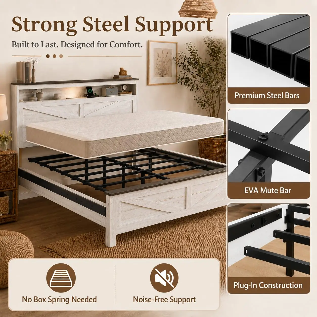 King Bed Frame LED Light USB Charging Storage Headboard Metal Platform No Box Spring, Customized