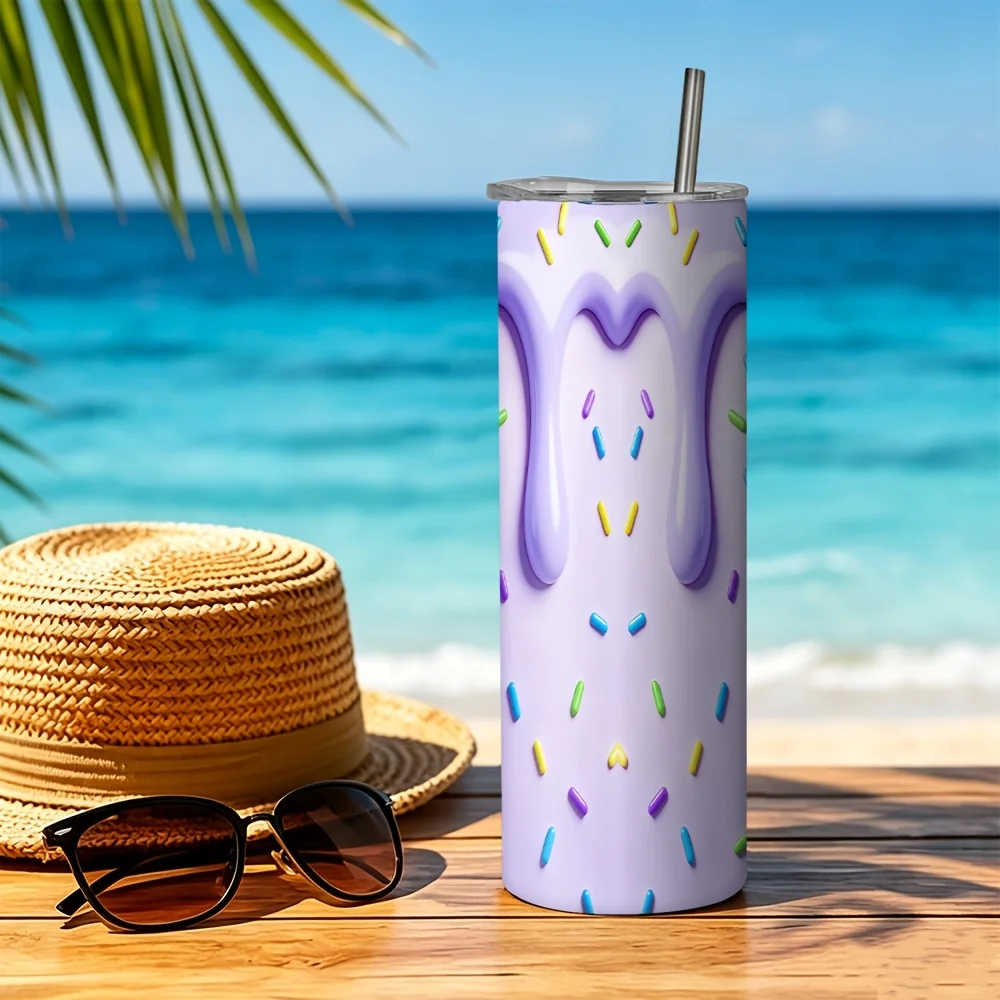 1pc/20Oz/590Ml/Double Wall Stainless Steel Insulated Skinny Tumbler with Straw And Lid, Outdoor Travel Coffee Mug, Light Purple Drizzle Pattern with Colorful Sprinkles, Festive Gift Option, Warm Gifts for Family And Friends, Summer Party Gifts
