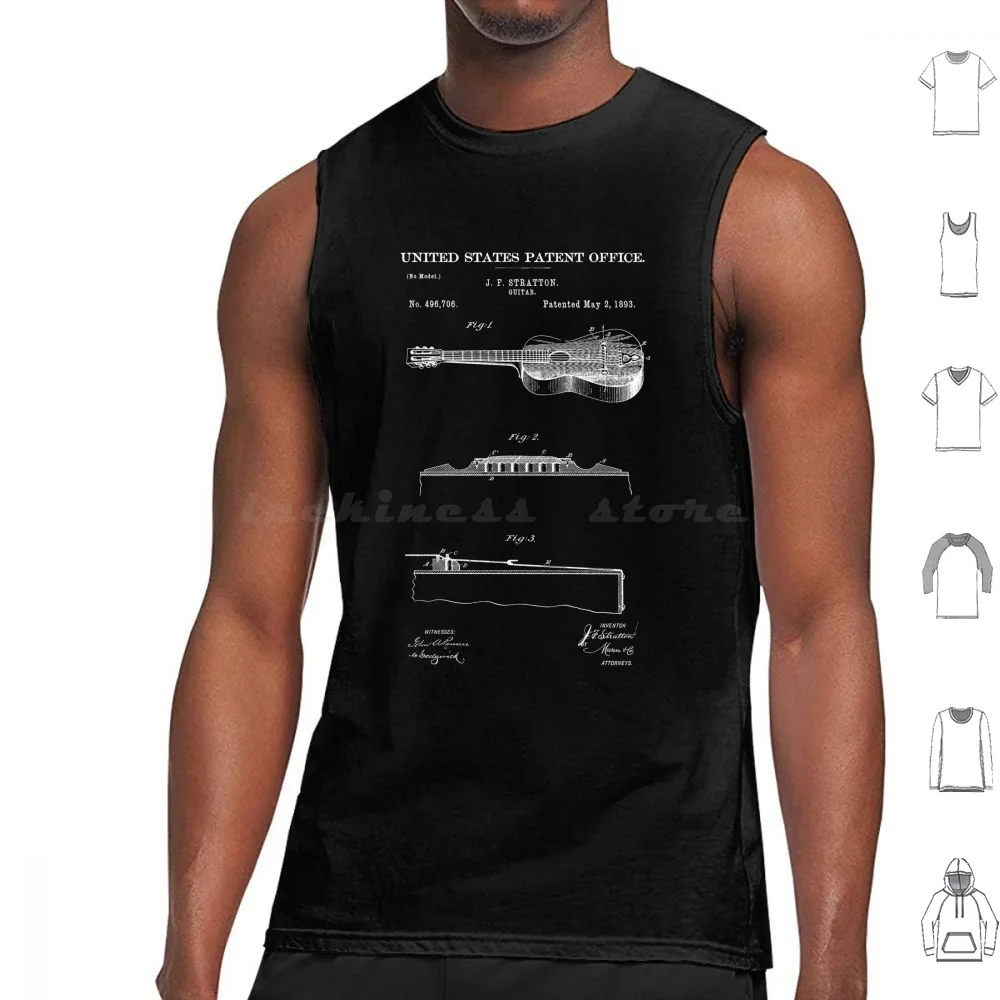 Stratton Acoustic Guitar Patent White Tank Tops Print Cotton Black Musician Guitarist Instrument Band Acoustic White