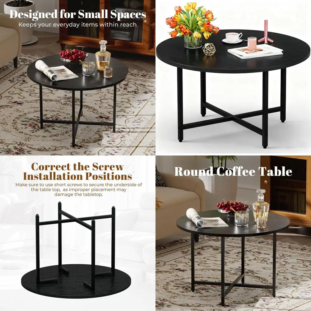 

Современный черный металлический журнальный столик для гостиной, диаметр 23,6 дюйма, высота 17,7 дюйма.