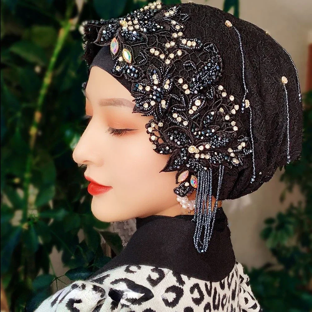 Turban brodé en dentelle pour femmes, couvre-chef arabe, couvre-chef islamique, hijabs musulmans, chapeau à pampilles, couvre-chef de mariage, Dubaï, luxe, été