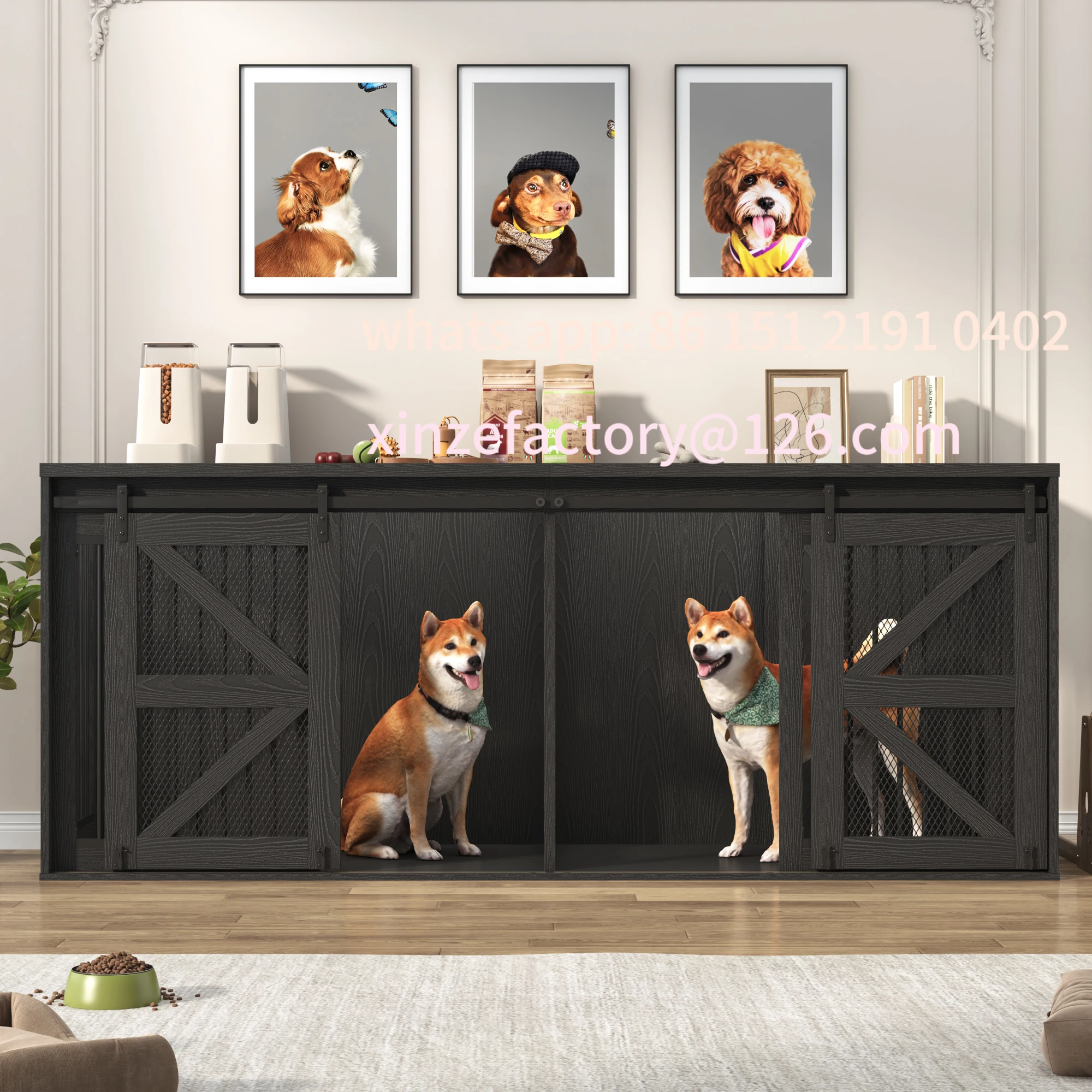 

Customizable Farmhouse Dog Crate TV Stand, Wooden Dog Kennel Furniture with Sliding Metal Mesh Barn Door, 87'' Large Dog Crate F