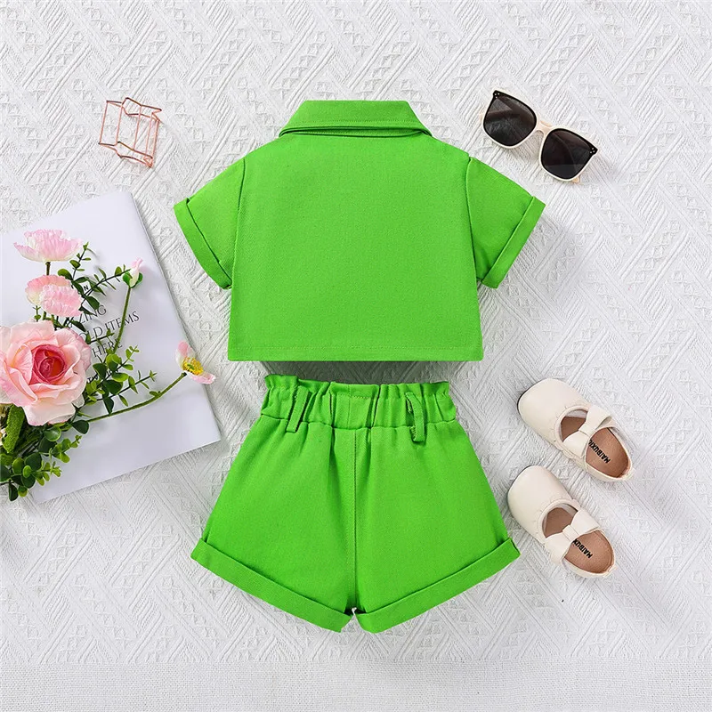 Girl\'s Summer Segment Suit Toddler Fashion Lapel Pocket Top + Denim Shorts 2 Piece Set 2-7Y European and American Trend