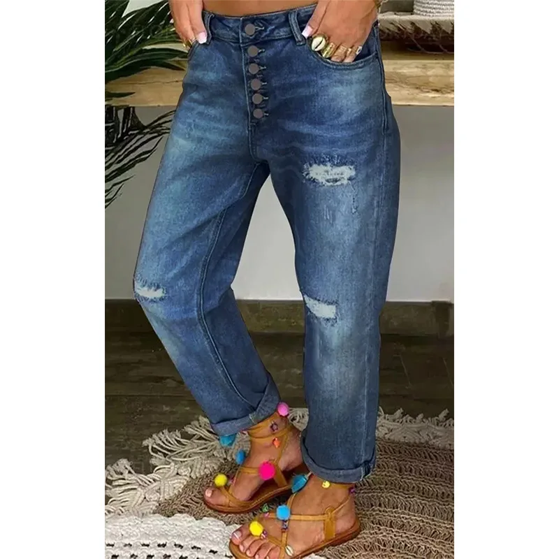 Midiross-Jeans de perna reta para mulheres, cintura baixa, mosca de botão, calça jeans rasgada, calça casual solta