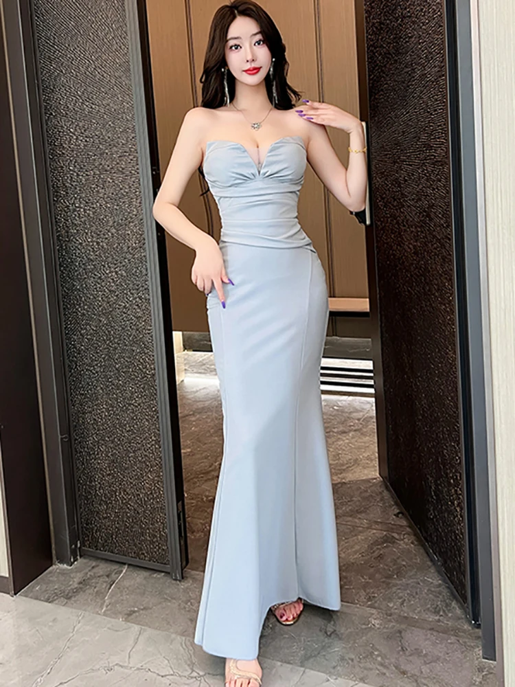 

2025 синее плиссированное облегающее платье на груди, сексуальное длинное платье, женское элегантное платье русалки с рюшами, летнее корейское роскошное вечернее платье