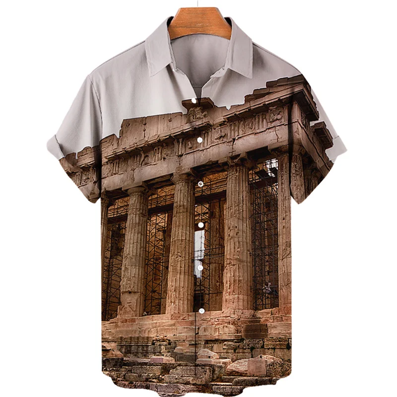 3D Printing World Landscape Historic Sites Shirt Men Fashion Short Sleeve Summer Beachwear Tops Oversized Lapel Hawaiian Shirts