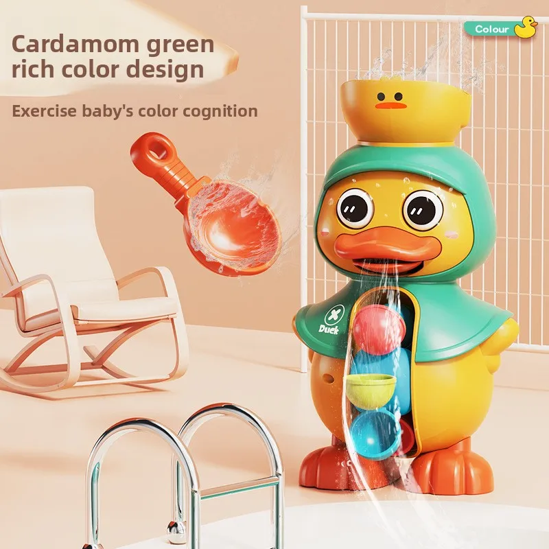 Babybaden, spelen in het water, spelen met waterspeelgoed, badkamer schattige eend roterend waterrad, draaien, kinderen