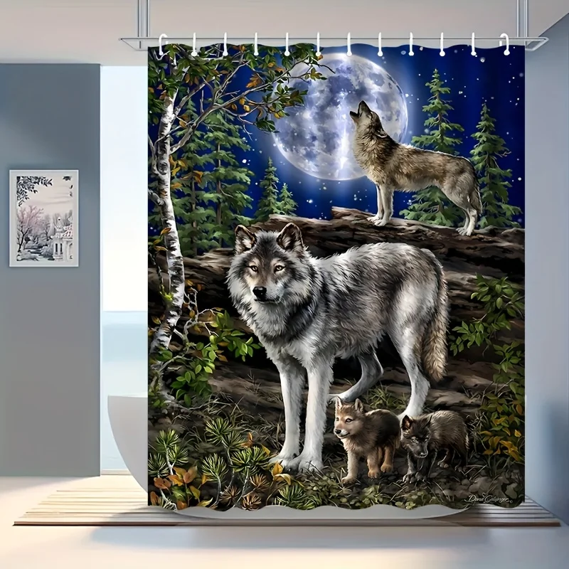 

Семья занавеска для душа с волком, лунный свет, лесная сцена, искусство диких животных, декор природы, водонепроницаемая тканевая занавеска для ванны, комплект для дома