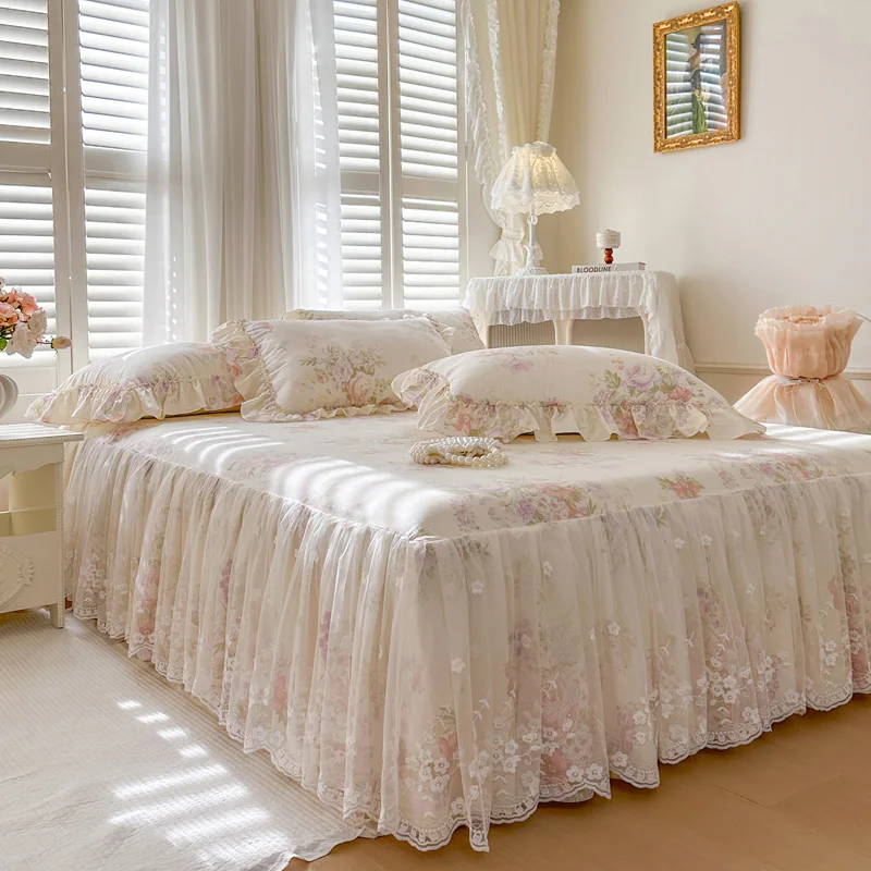 Luxury Flowers Printing 100% Cotton Bedding Set Korean Style Princess Lace Duvet Cover Sets Bed Skirt Pillowcases Home Textile