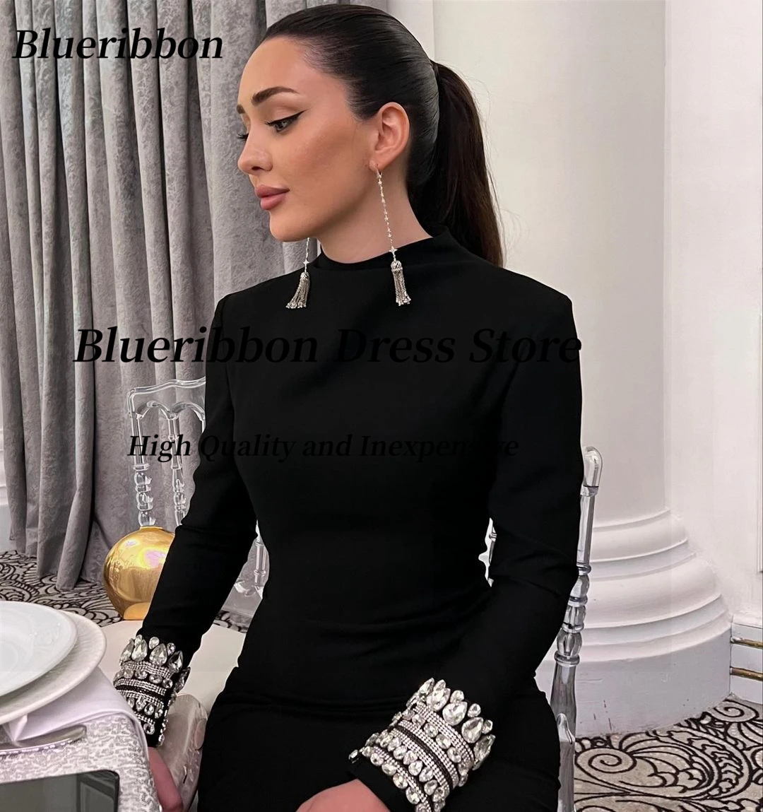 Blueribbon Generous Black Evening Dresses with Crystals Long Sleeves Prom Dress High Collar Zipper Back Vestidos De Noches